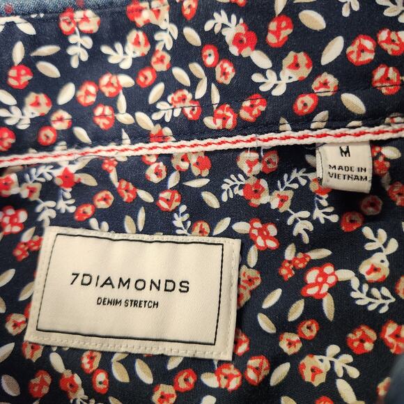 7 DIAMONDS Denim Stretch SS Button Down Mens M Navy Blue Red Geometric  Casual - Picture 4 of 10